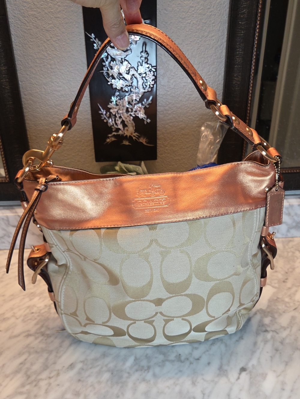 2009 Coach Signature Shoulder Bag in Metallic Rose Gold and Khaki EUC